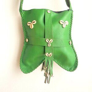 Vintage Green  Leather Shell Accent Square Shoulder Messanger Bag